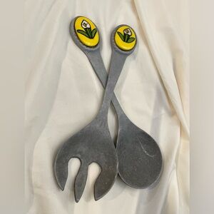 Vintage Hand Cast Aluminum Calla Lily Salad Utensils - Matte Pewter Finish